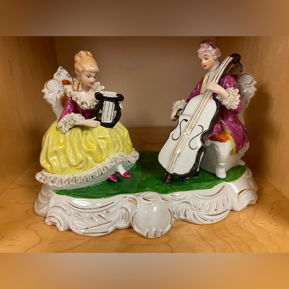 VINTAGE PORCELAIN MUSICAL COUPLE PLAYING MADE IN GERMANY 13.5 INCHES LONG